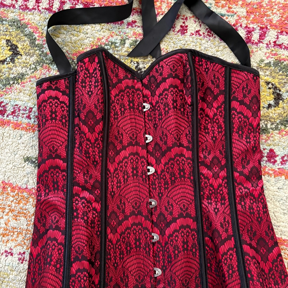 Adore Me Red and Black Lace-Up Corset
